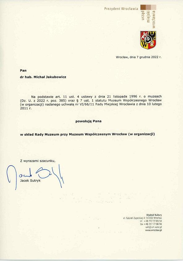 Skan pisma powołującego do rady