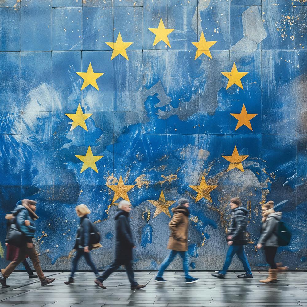 Na muralu widnieje flaga Unii Europejskiej. Jest to niebieskie tło z dwunastoma złotymi gwiazdami rozmieszczonymi w kółko. Przechodząca obok grupa osób jest ubrana w ciepłe ubrania, co sugeruje chłodną pogodę.