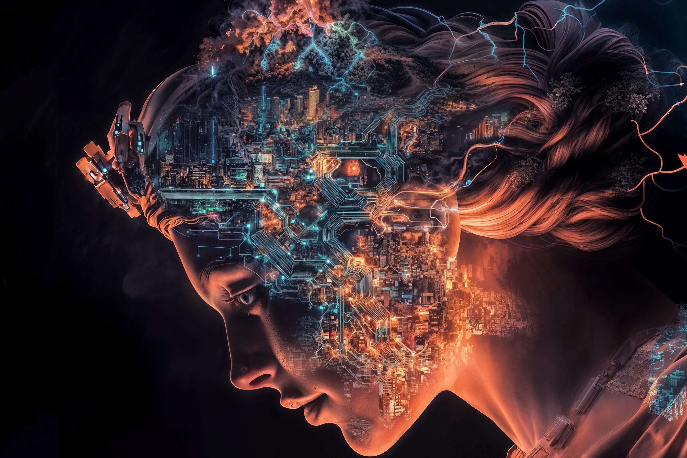 Głowa bogini Ateny z liniami wewnątrz, układającymi się we wzór płytki drukowanej
