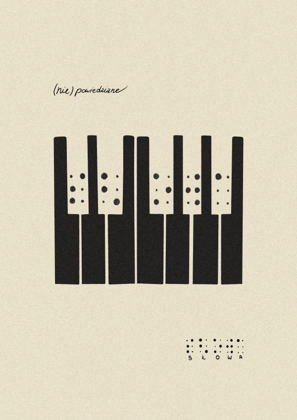 Grafika. Klawiatura pianina z napisem „słowa” w Braille’u i jego tłumaczeniem