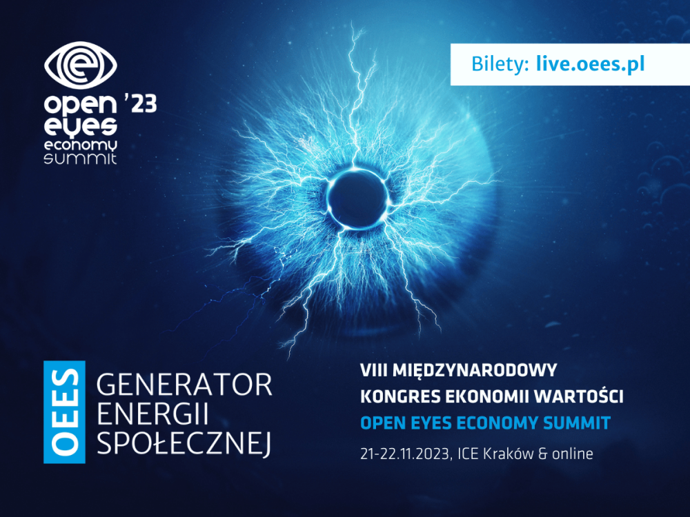 Baner reklamowy OEES 2023 zawierający logotyp oraz informacje o miejscu i dacie wydarzenia oraz link do zakupu biletów. W tle świecące oko, ze źrenicy wydostają się błyskawice