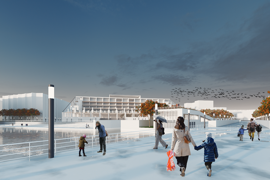 Wizualizacja projektu przedstawiająca Port Praski oraz wybudowane obok luksusowe apartamenty o bibliotekę publiczną. W porcie spacerują ludzie. 