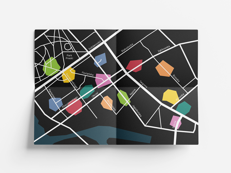 Minimalistyczna mapa pragi, w takiej samej oprawie graficznej jak karty - czarno biała z kolorowymi grafikami. 